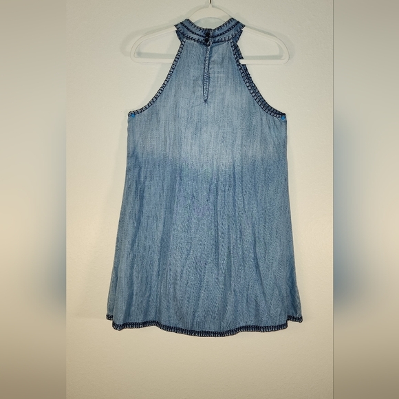 Anthropologie Dress Size S Blue Chambray Halter Embroidered Sleeveless Trapeze - Picture 7 of 9